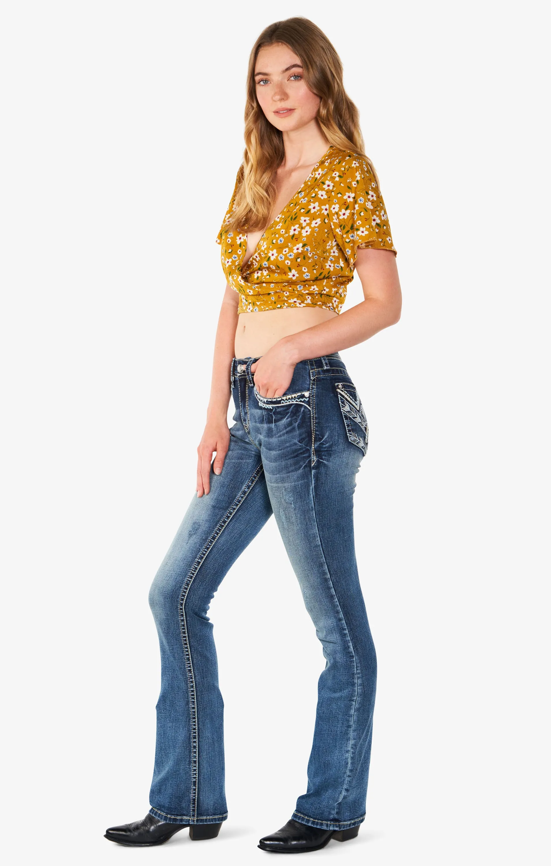 Geometric Detail Mid Rise  Bootcut Jeans