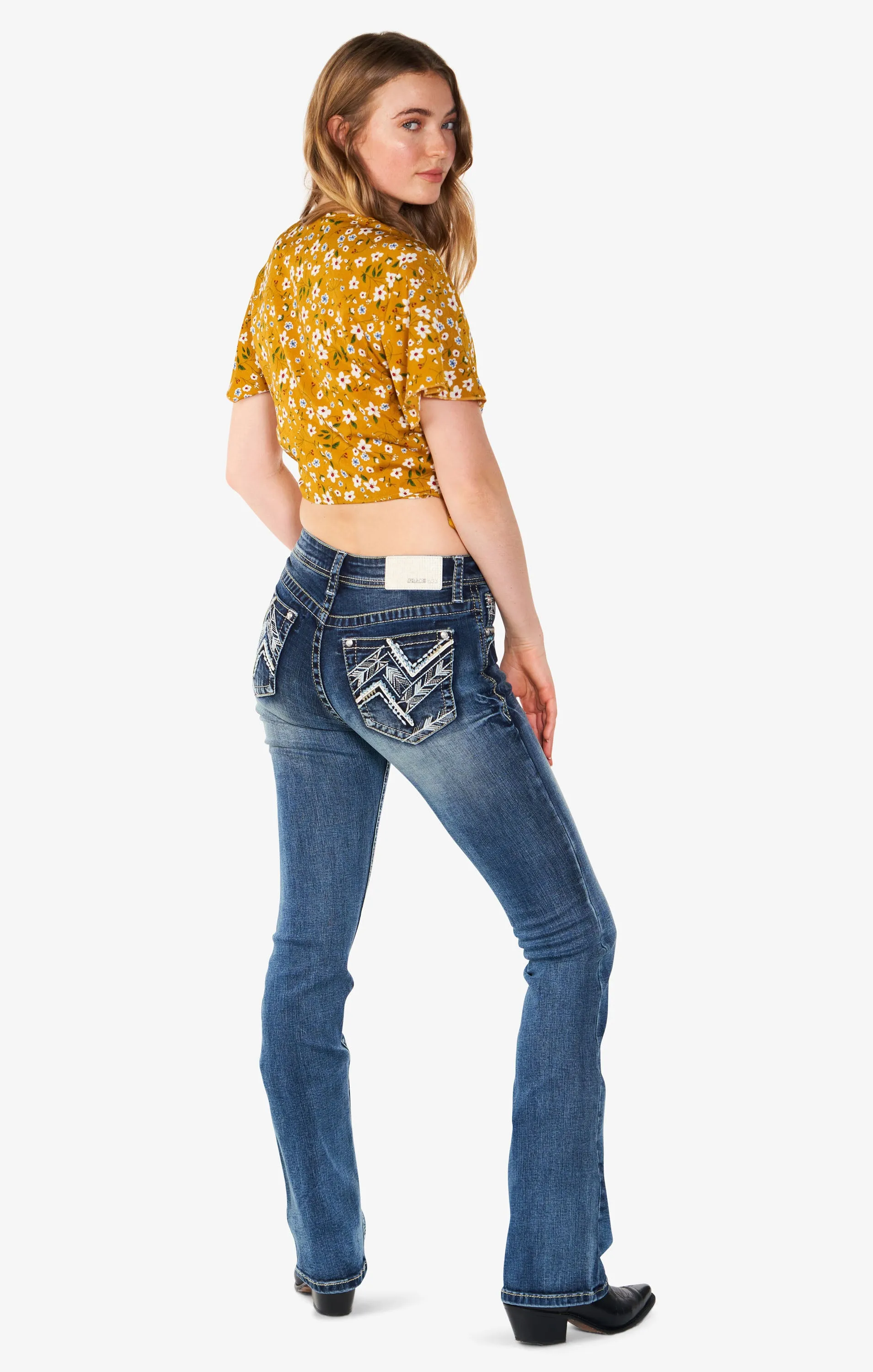 Geometric Detail Mid Rise  Bootcut Jeans