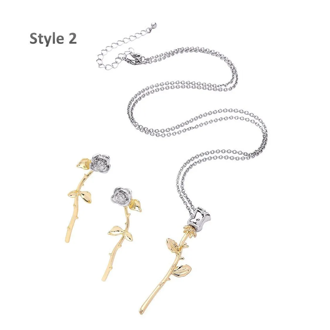 Gold Silver Color Chain Rose Flower Pendant Necklace Earring Set - 2 Styles