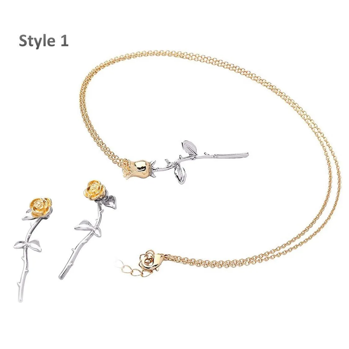 Gold Silver Color Chain Rose Flower Pendant Necklace Earring Set - 2 Styles