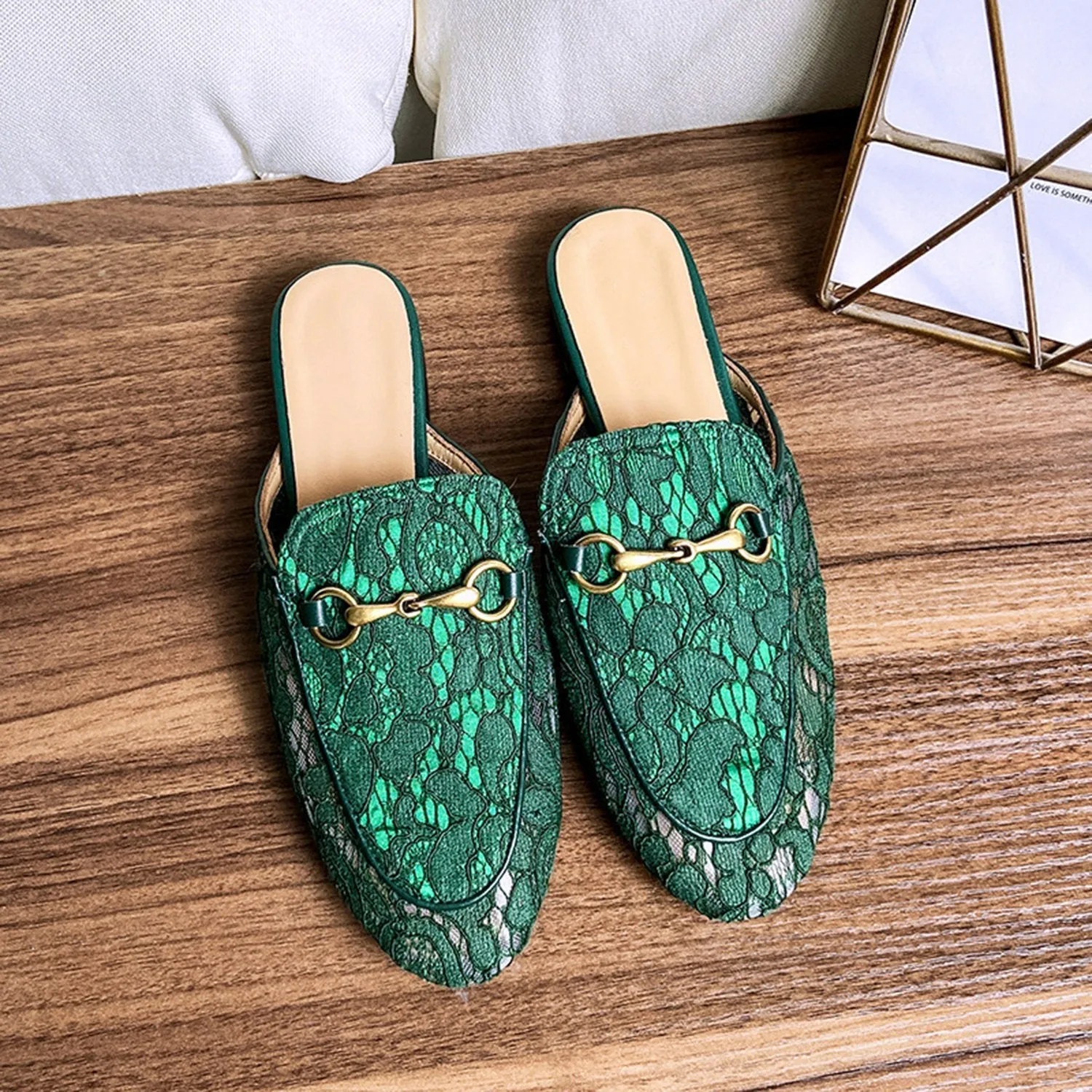 Green Casual Horsebit Mesh Lace Mules