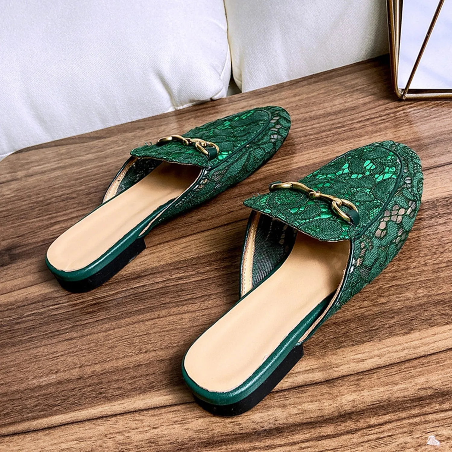 Green Casual Horsebit Mesh Lace Mules