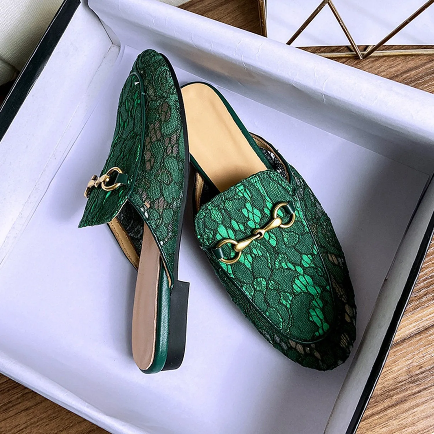 Green Casual Horsebit Mesh Lace Mules