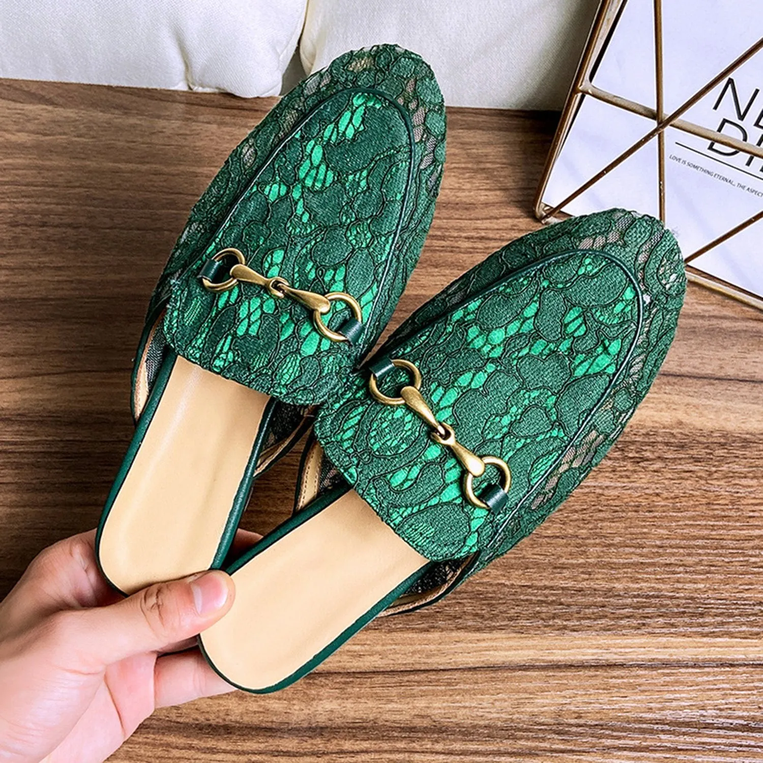 Green Casual Horsebit Mesh Lace Mules