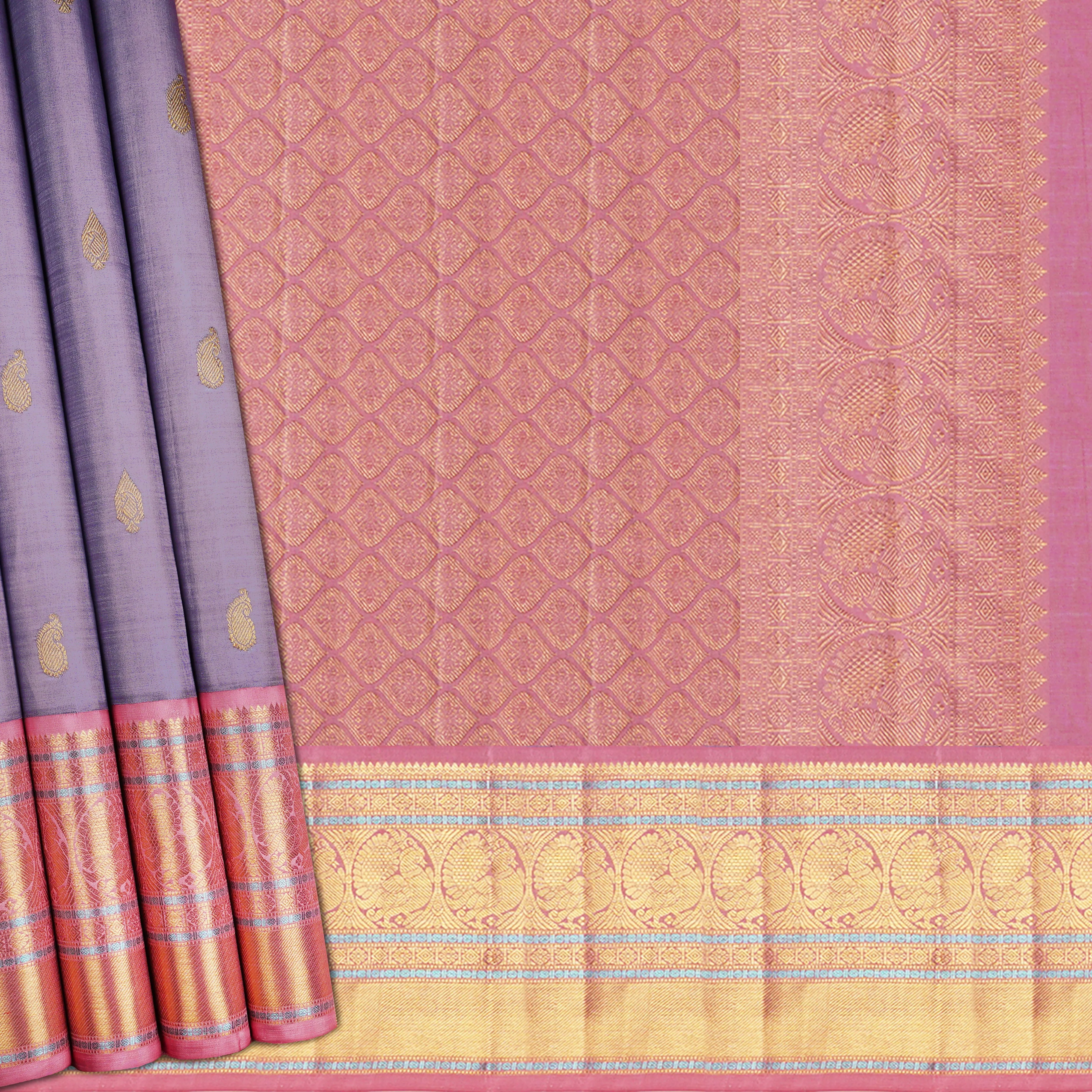 Handwoven Lilac with Pink Kanjivaram Silk Saree - 1918T009002DSC