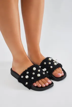 Kady Pearl Embellished Casual Slides - Black