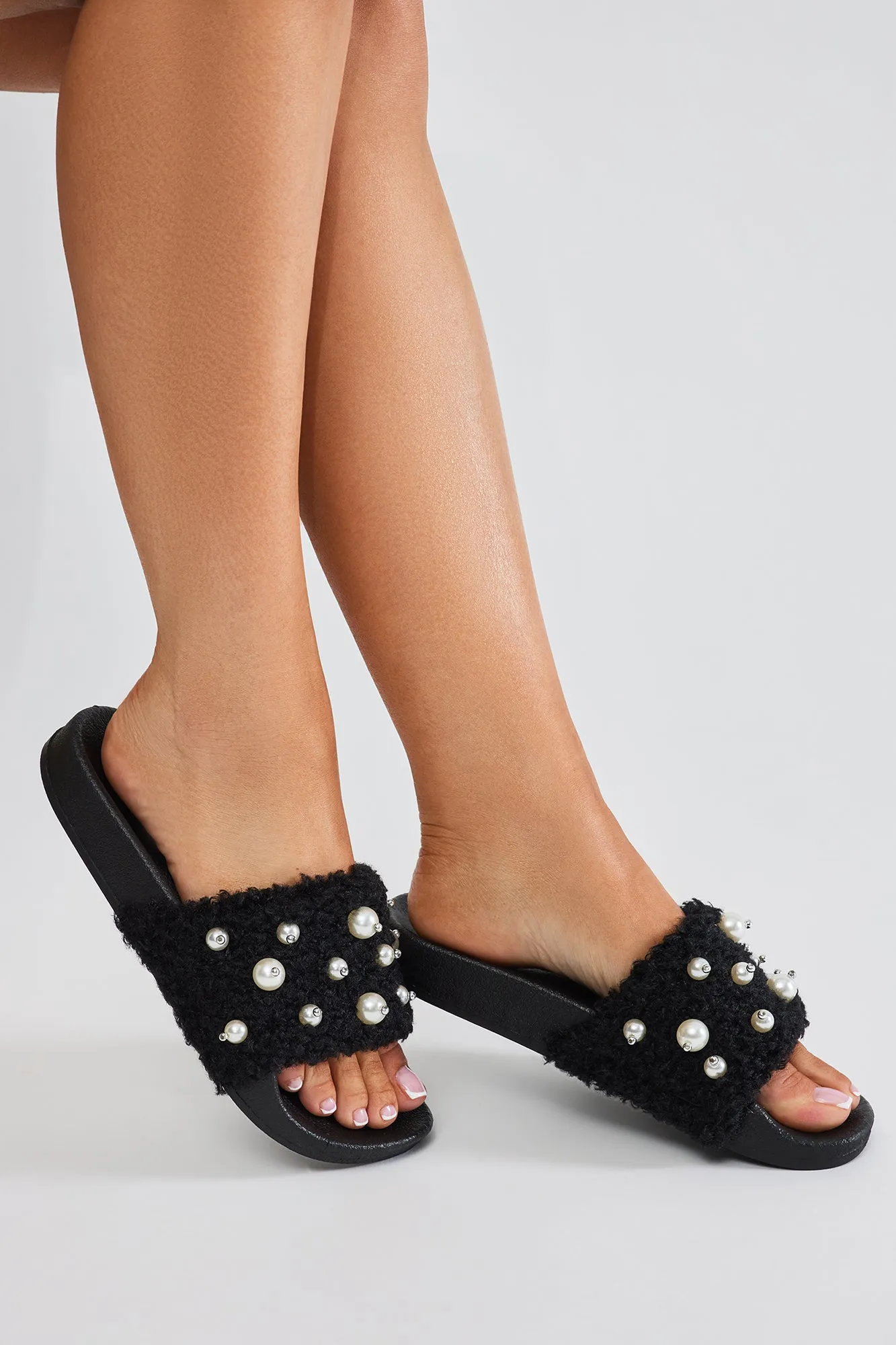 Kady Pearl Embellished Casual Slides - Black