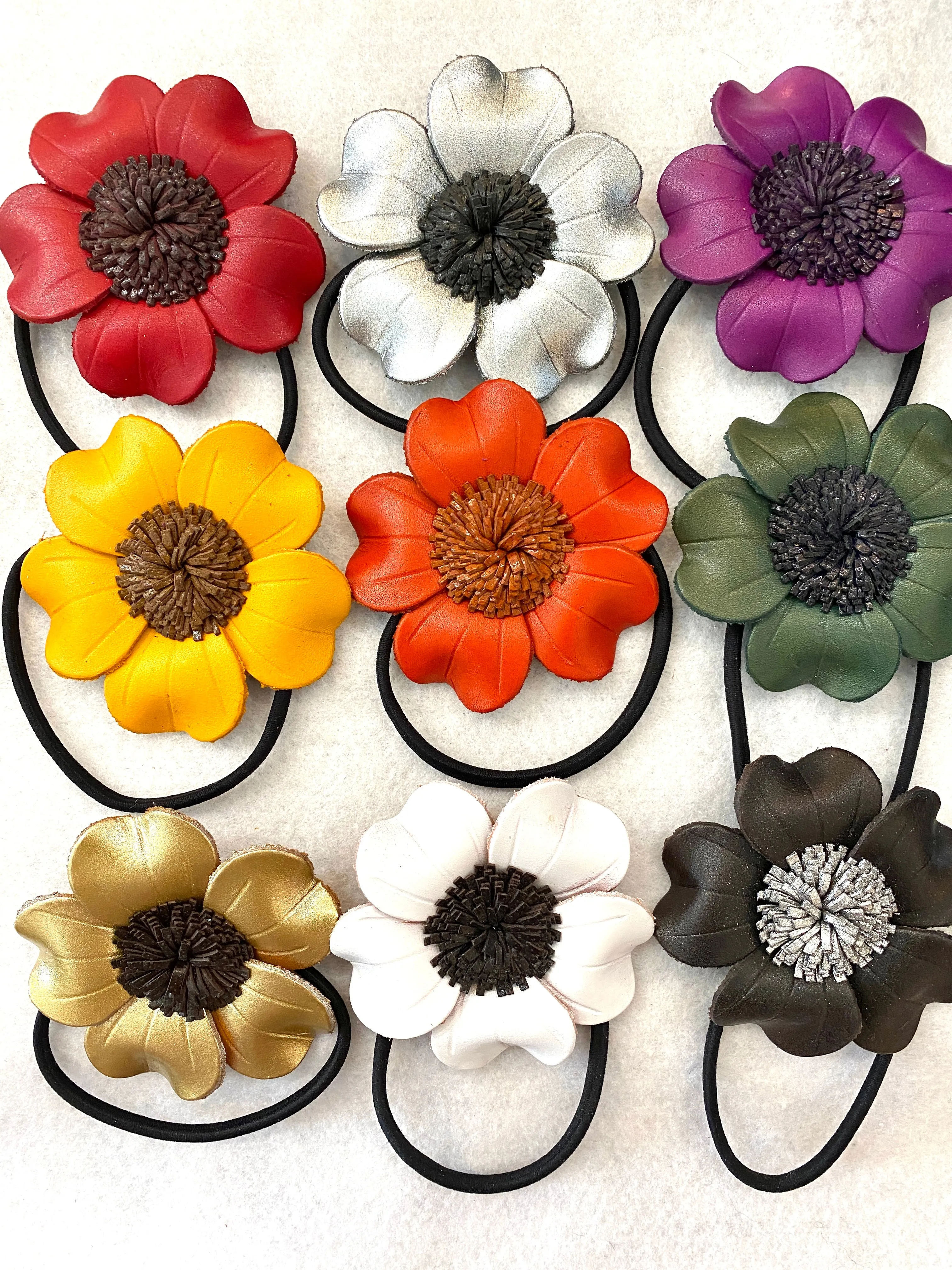 Large Genuine Leather Flower Scrunchies/ Hair Tie