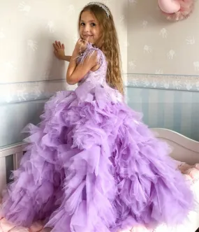 Lavender Lace Tulle Ruffle Flower Girl Dress