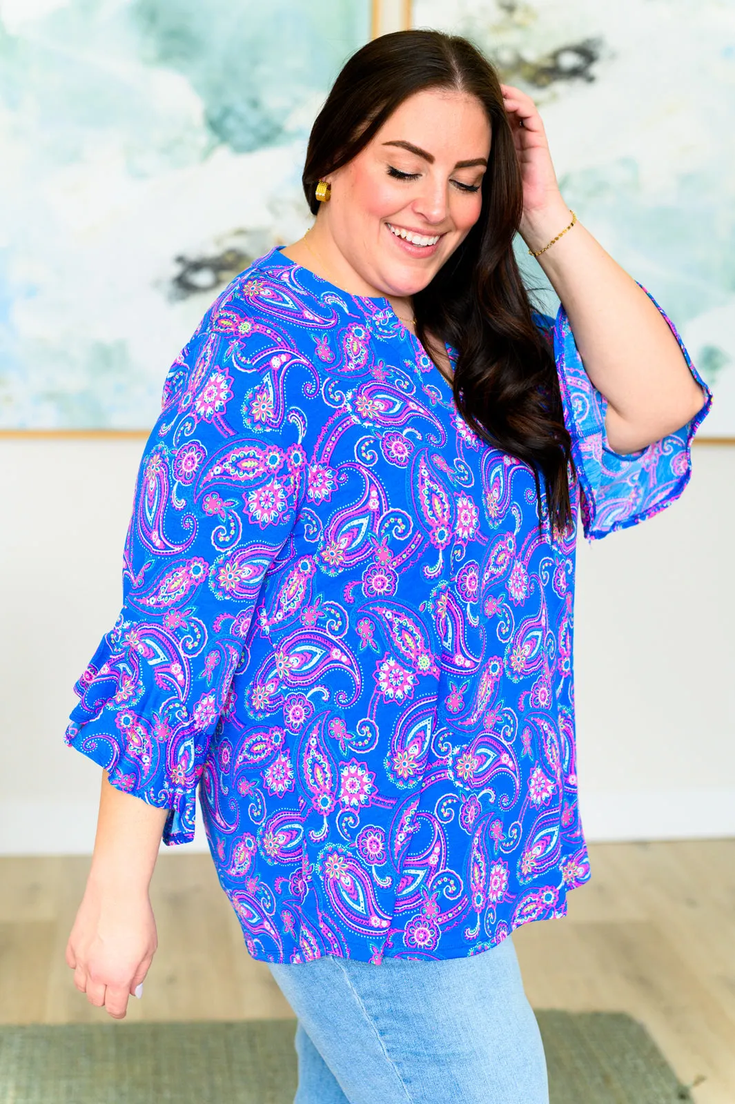 Lizzy Bell Sleeve Top in Royal Paisley - 4/12