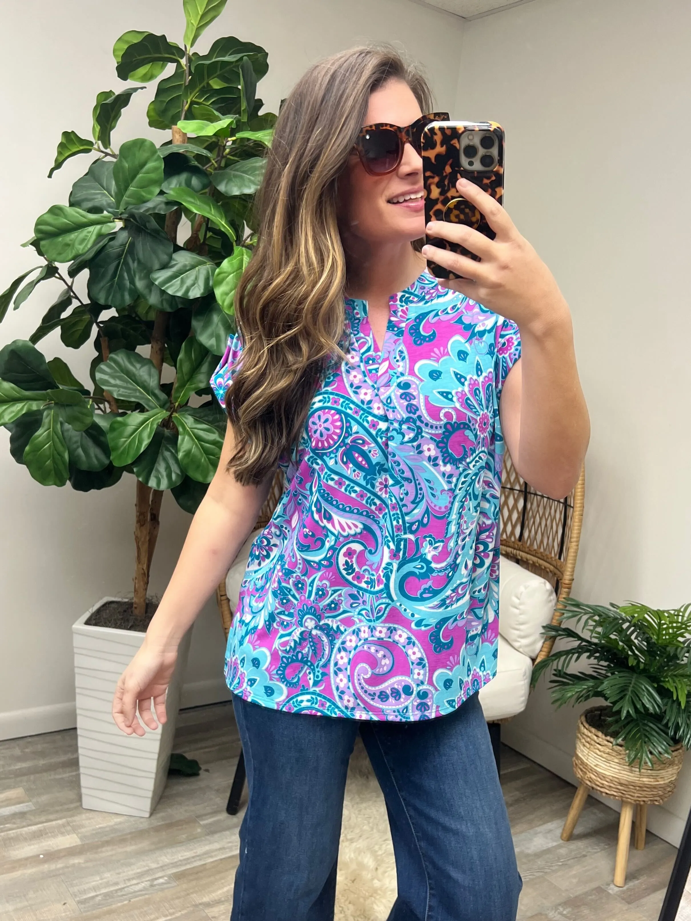 Lizzy Cap Sleeve Top in Magenta and Teal Paisley