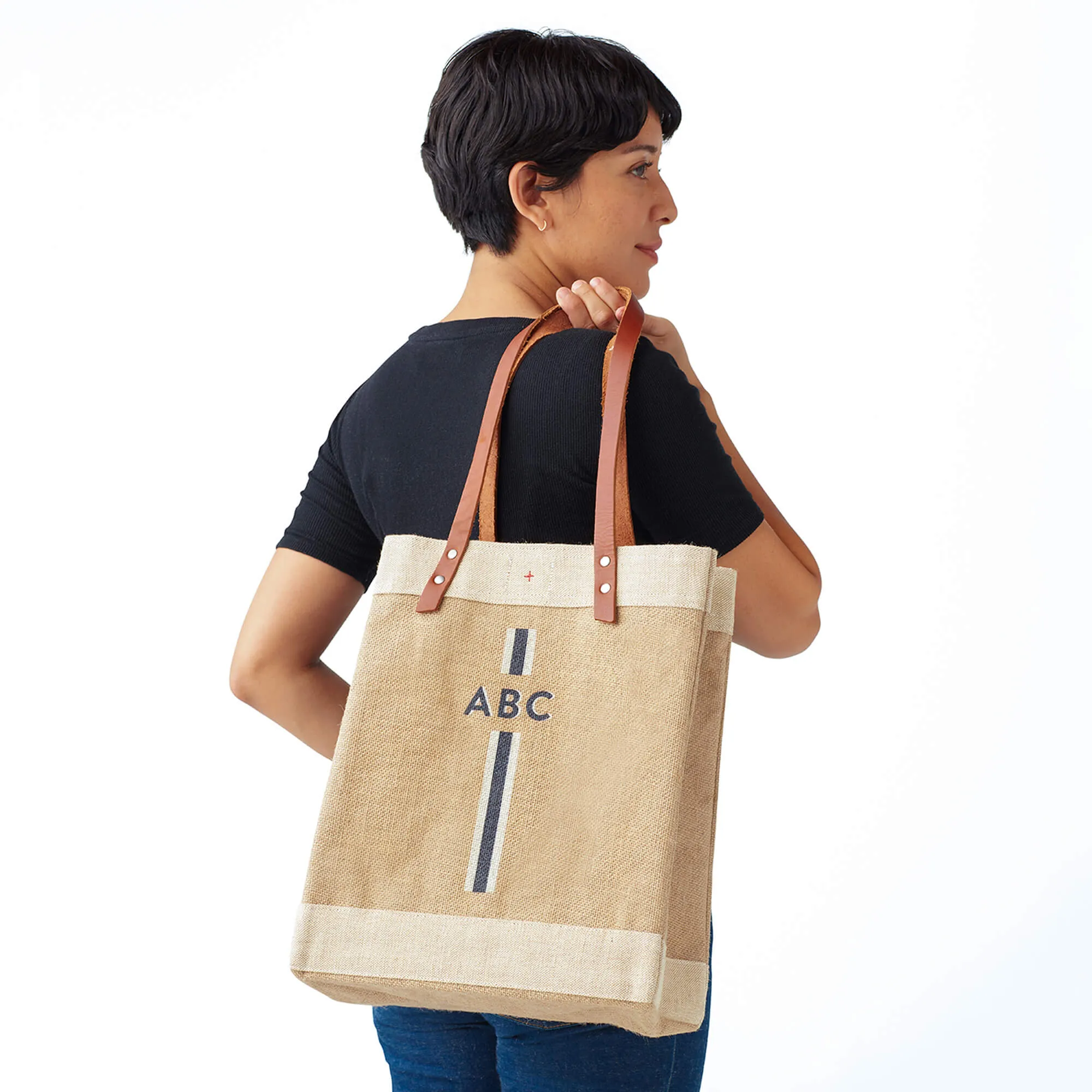 Market Tote in Natural with Black Monogram