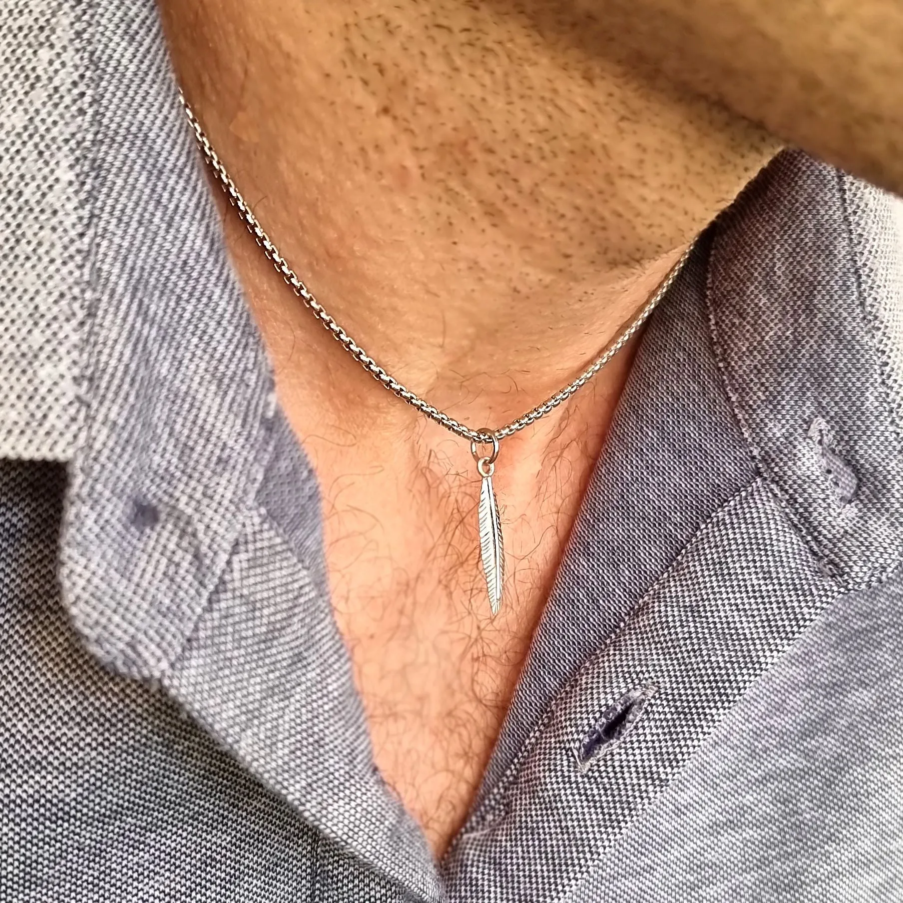 Mens Feather Necklace - Sweatproof and Waterproof Mens Jewelry - Stainless Steel Chain, Pendant