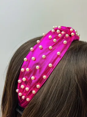 Metallic Pearl Embellished Top Knot Headband - Fuchsia