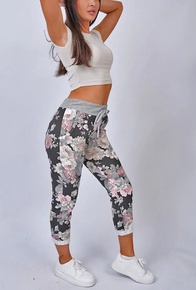 Multi Rose Flower Print Drawstring Cotton Trousers