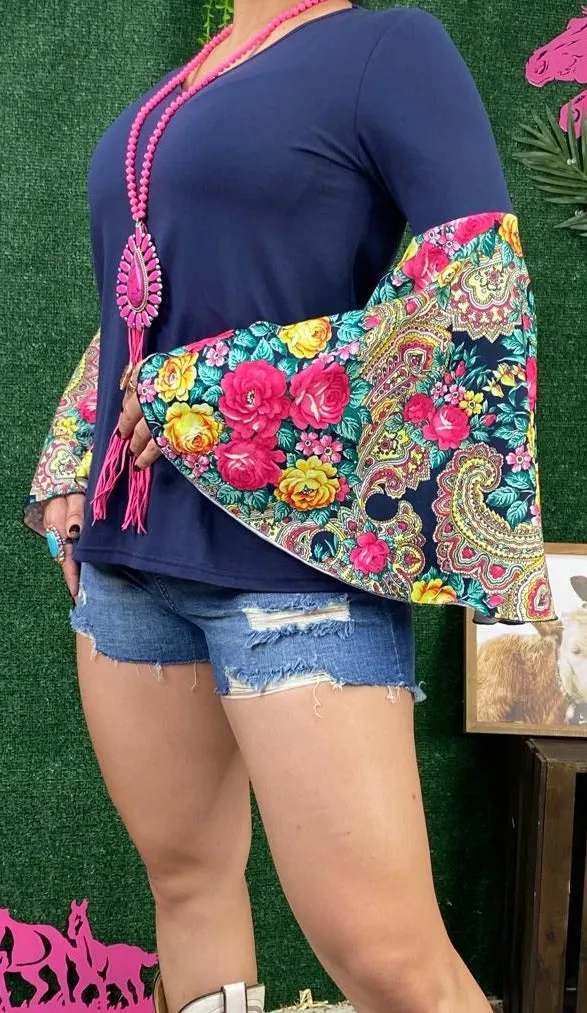 Navy Top with Floral Paisley Bell Sleeves