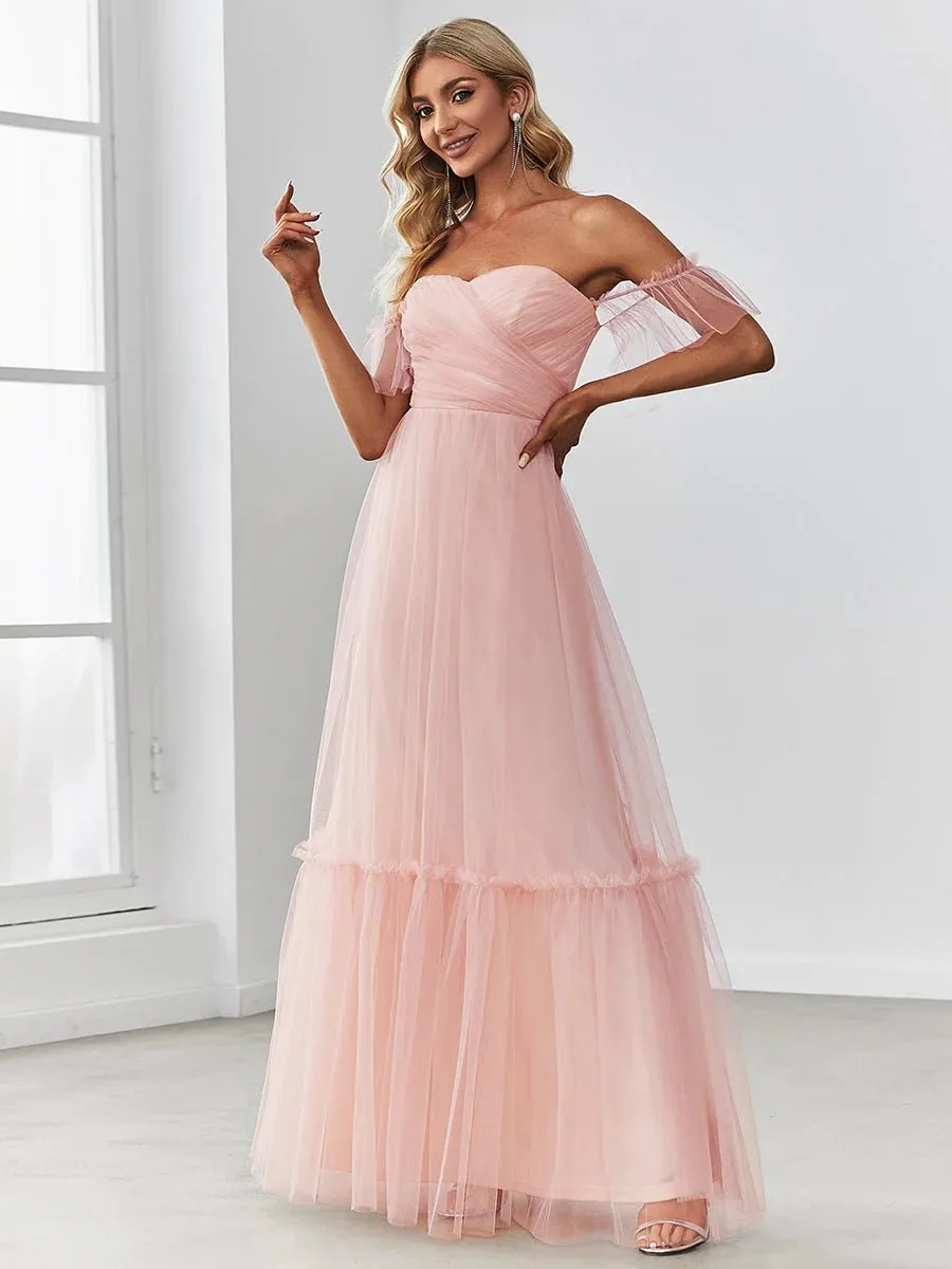 Off-Shoulder Layered Skirt Tulle Evening Dress