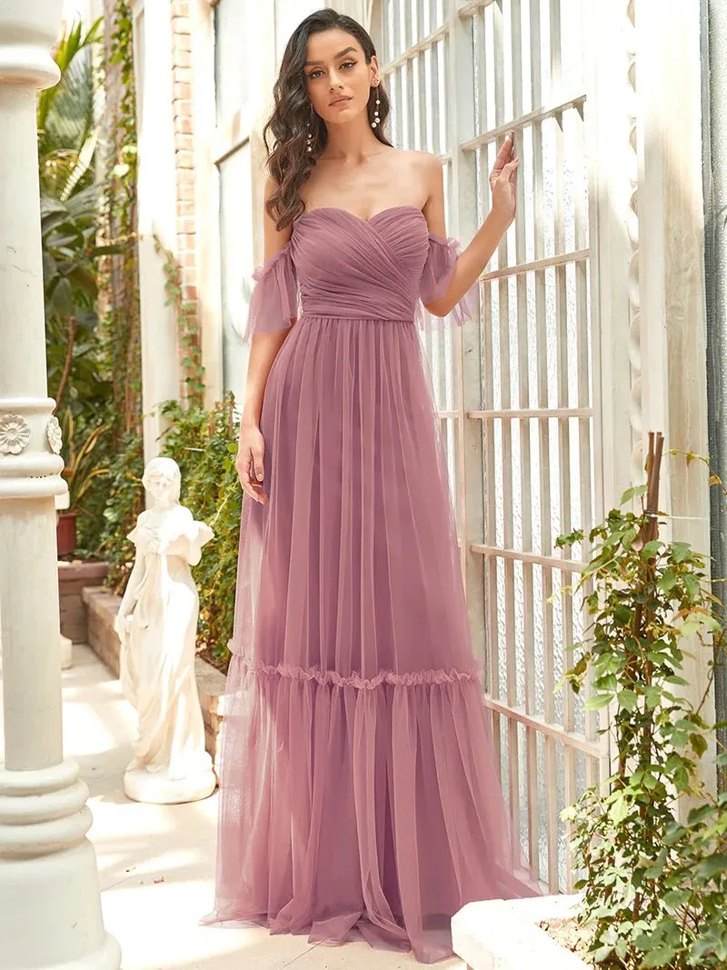 Off-Shoulder Layered Skirt Tulle Evening Dress