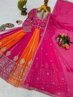 Orange Pink Designer Wedding Anarkali Gown Dupatta