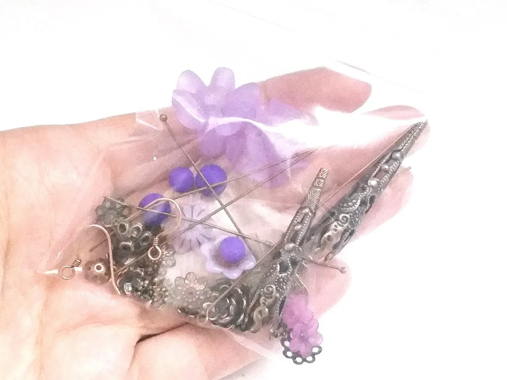 Orchid Ruffle Flower Dragonfly Earring Kit, Make Your Own Earrings