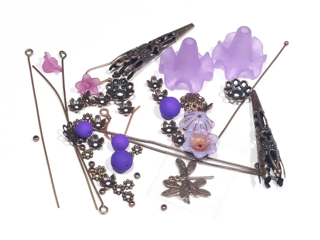 Orchid Ruffle Flower Dragonfly Earring Kit, Make Your Own Earrings