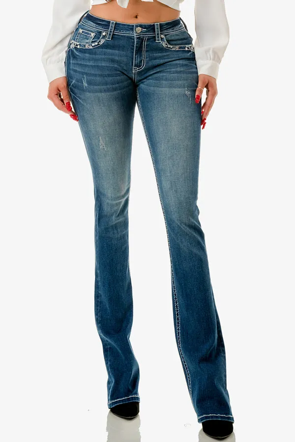 Paisley Embroidery  Mid Rise Bootcut Jeans