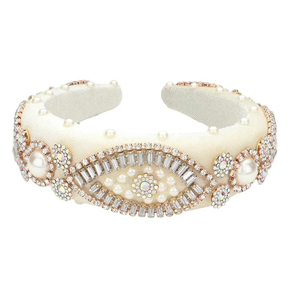 Pearl Stone Embellished Evil Eye Accented Padded Headband