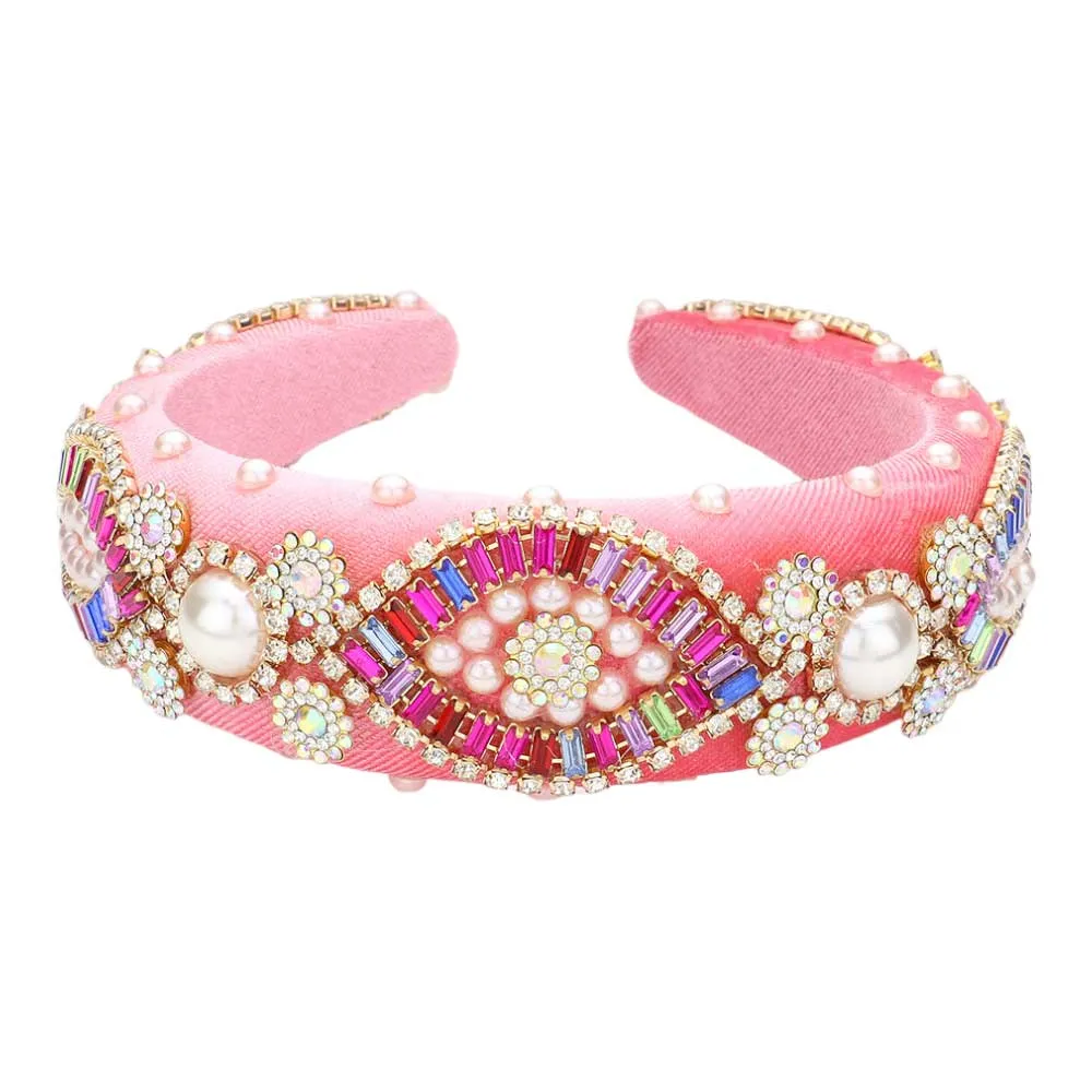 Pearl Stone Embellished Evil Eye Accented Padded Headband