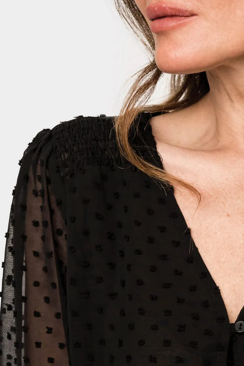 Pin Dot Smocked Detail V-Neck Blouse