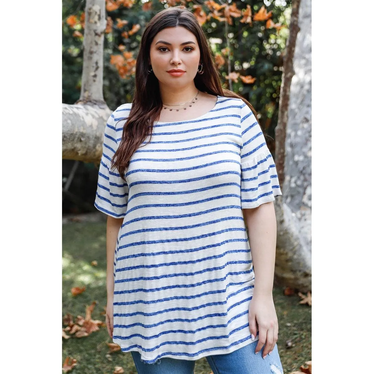 Plus Stripe Bell Short Sleeve Top