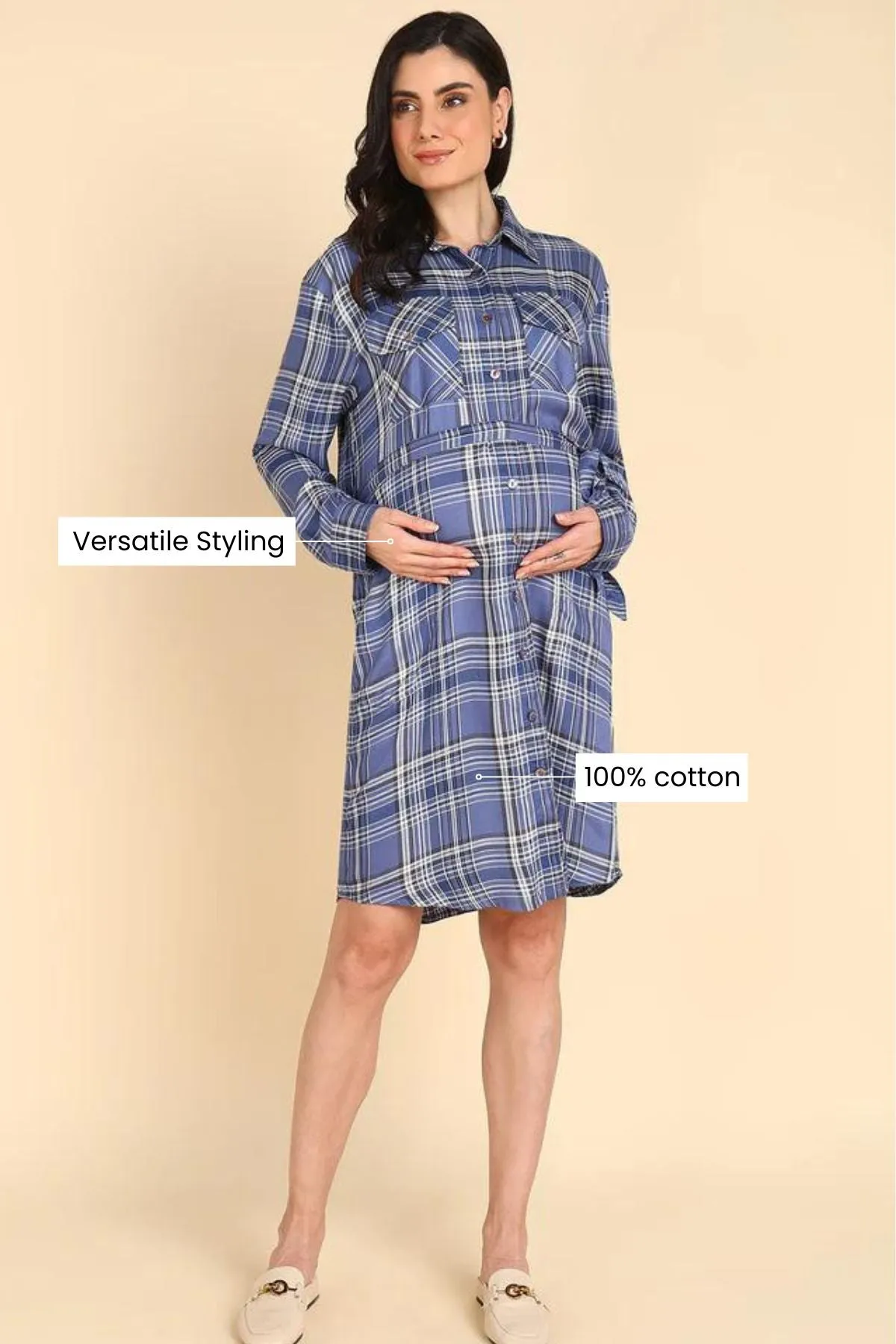 Powder Blue 100% Viscose Rayon Check Shirt Dress