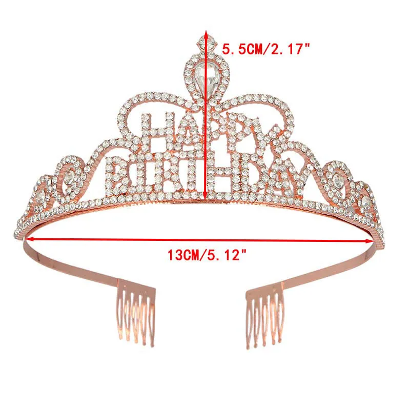 Rose Gold Happy Birthday Crown Rhinestones Tiara Queen Girl Women Party