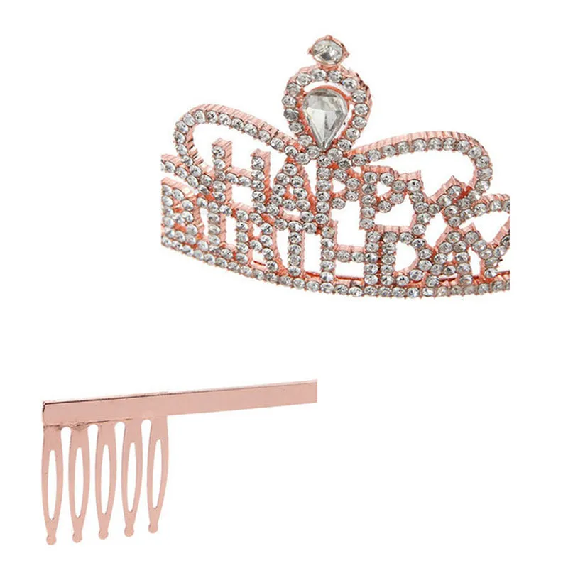 Rose Gold Happy Birthday Crown Rhinestones Tiara Queen Girl Women Party