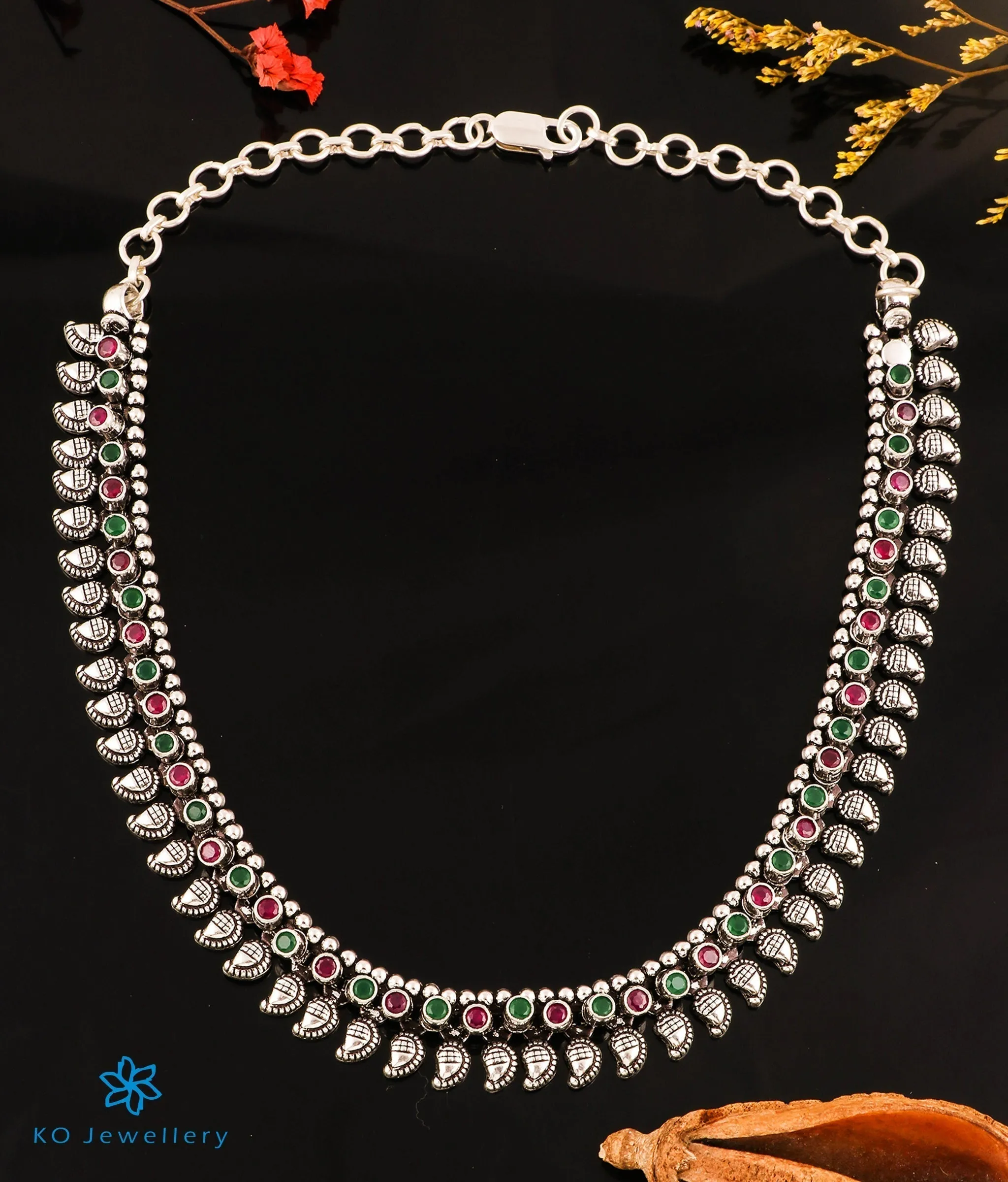 The Nirupa Silver Antique Paisley Gemstone Necklace (Oxidised)