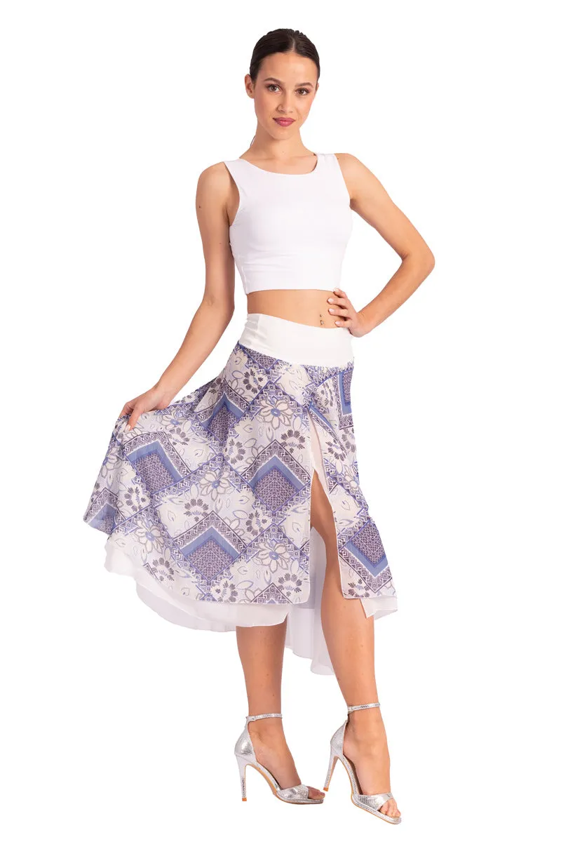 Two-layer Blue Mixed Print Georgette Dance Skirt (S,M,L)