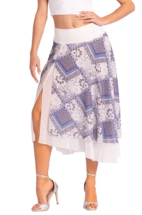 Two-layer Blue Mixed Print Georgette Dance Skirt (S,M,L)