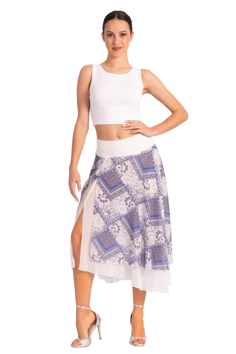 Two-layer Blue Mixed Print Georgette Dance Skirt (S,M,L)