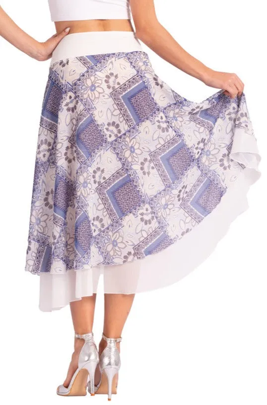 Two-layer Blue Mixed Print Georgette Dance Skirt (S,M,L)