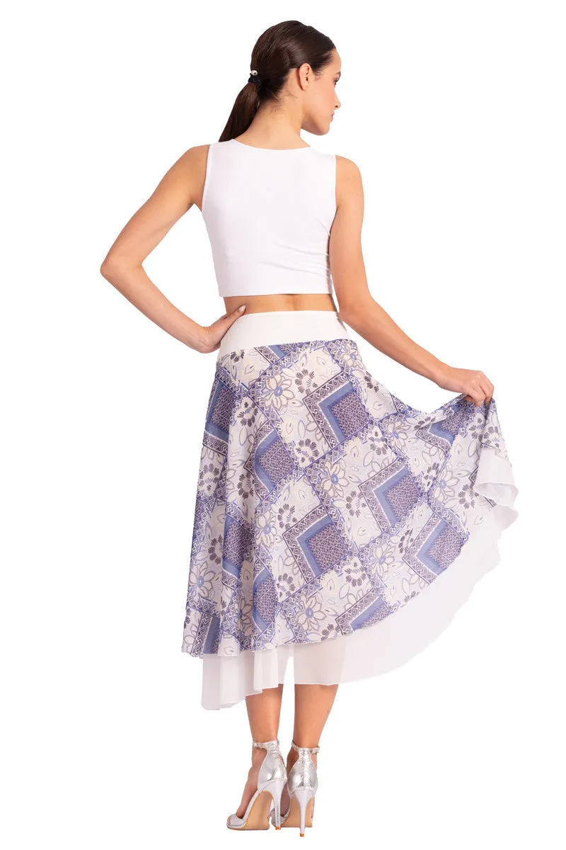 Two-layer Blue Mixed Print Georgette Dance Skirt (S,M,L)