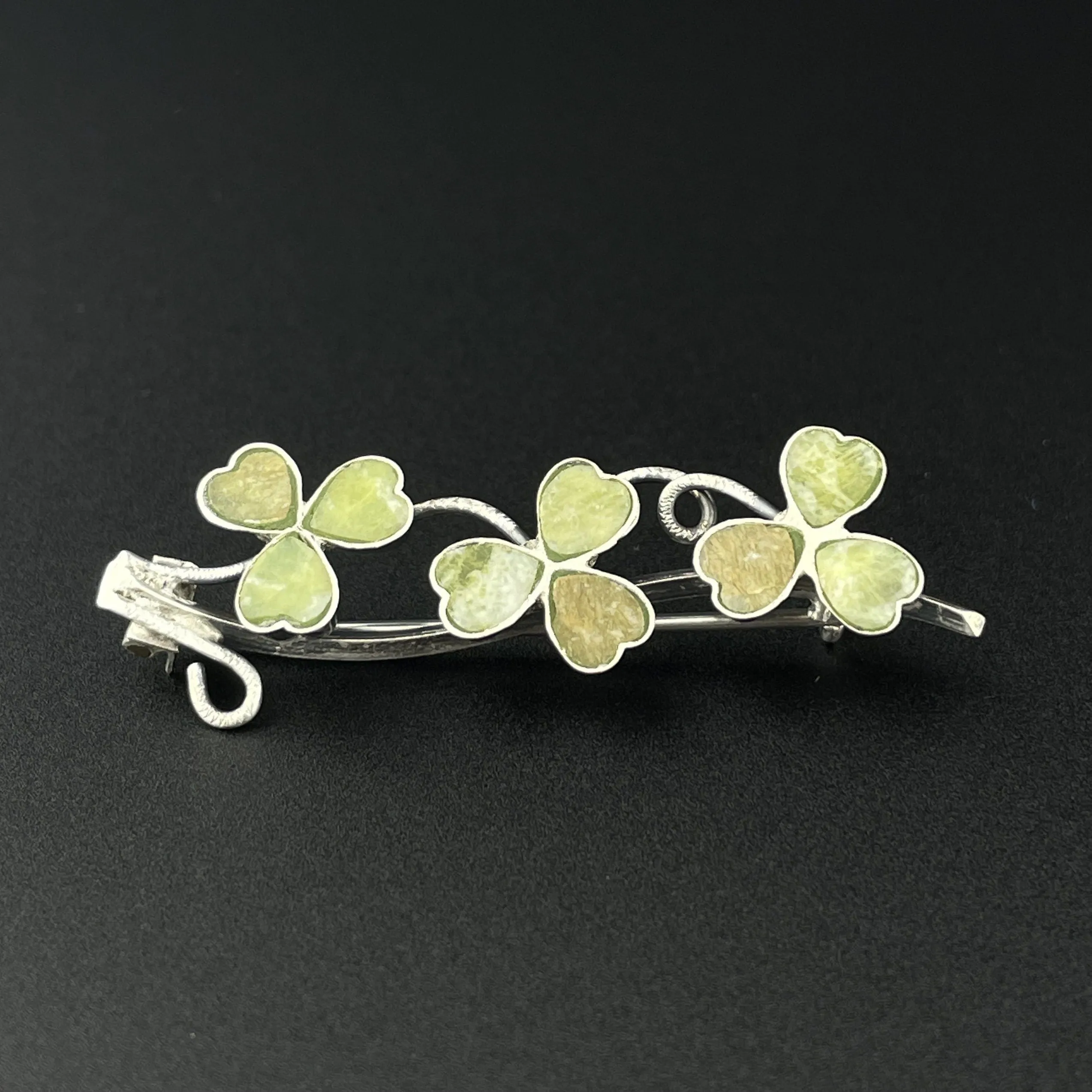 Victorian Irish Silver Clover Connemara Marble Lucky Brooch