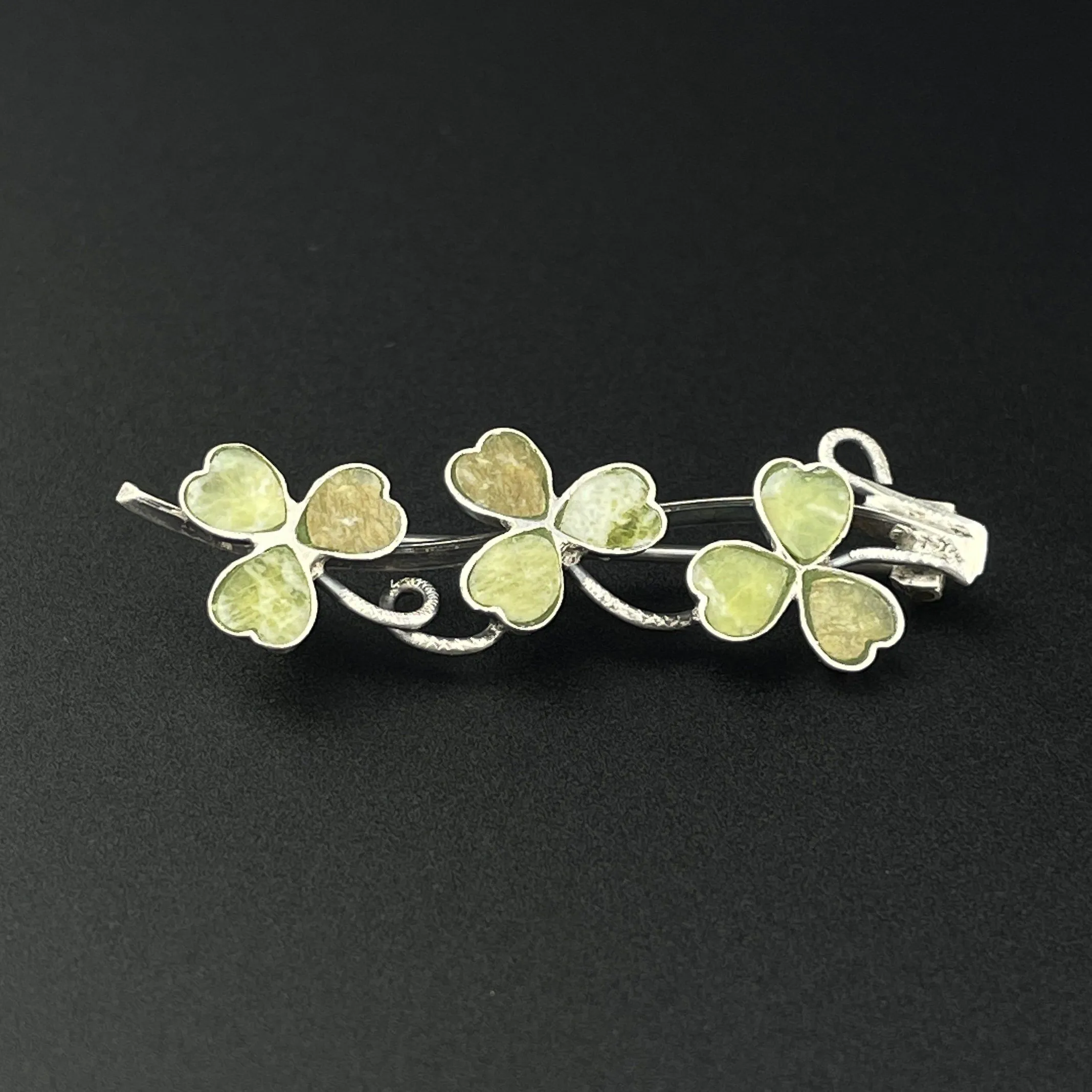 Victorian Irish Silver Clover Connemara Marble Lucky Brooch