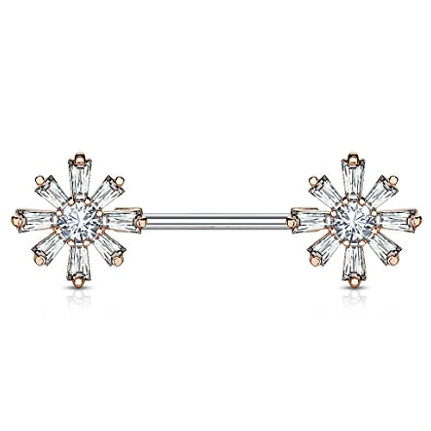 WildKlass Princess Cut CZ with Round CZ Center Flower Ends 316L Surgical Steel Nipple Barbell Rings