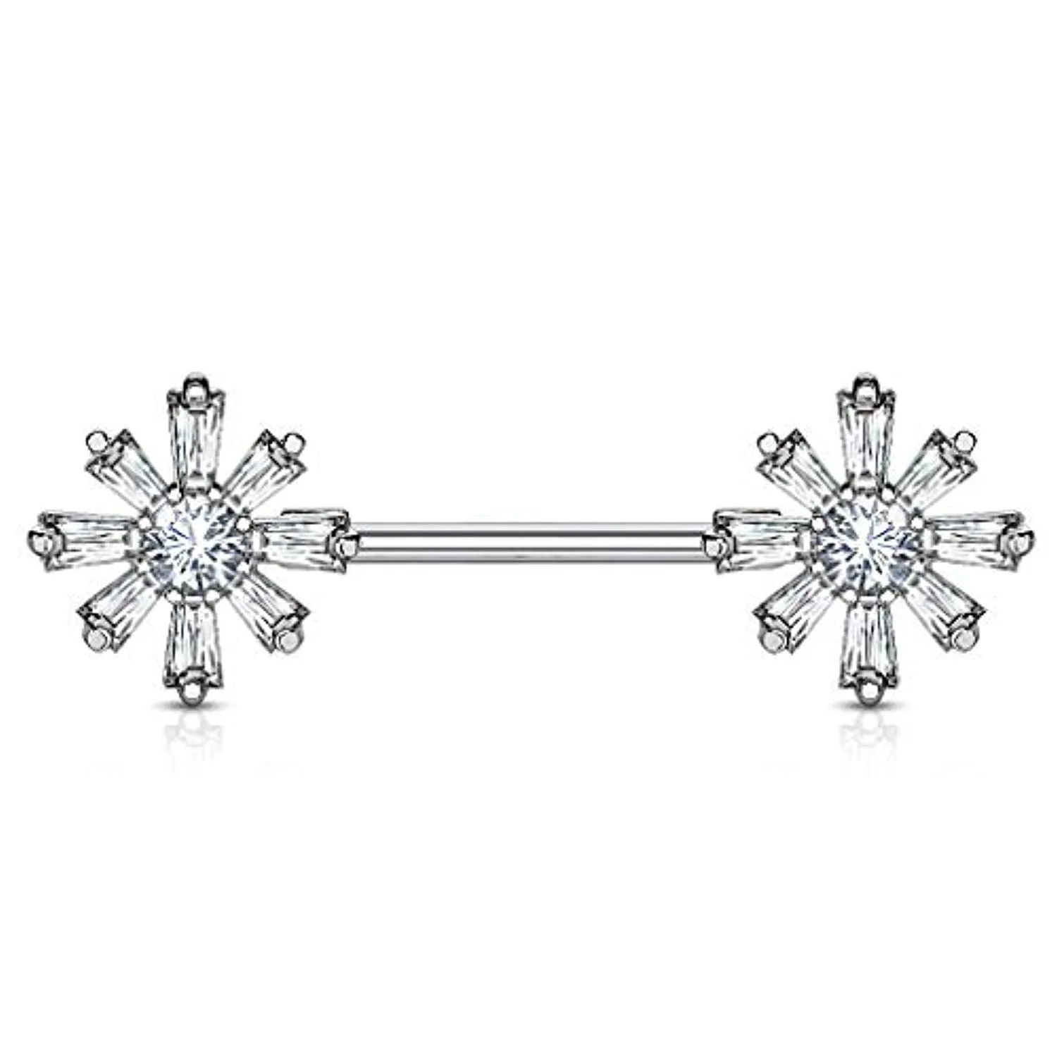 WildKlass Princess Cut CZ with Round CZ Center Flower Ends 316L Surgical Steel Nipple Barbell Rings