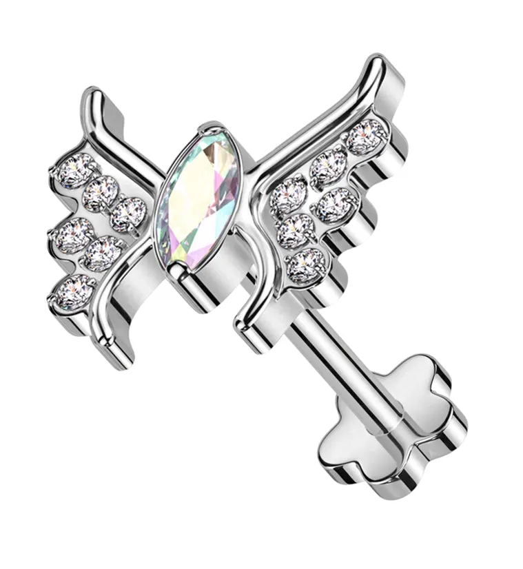 Wings Rainbow Aurora CZ Threadless Titanium Flower Back Labret