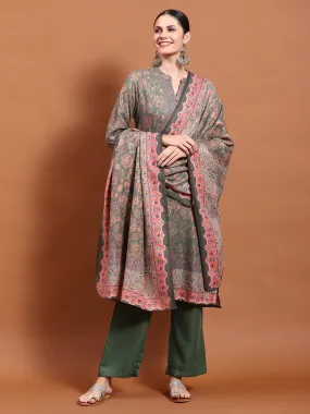 Winter Women Green Floral Print Kurta Comfort Pant Dupatta