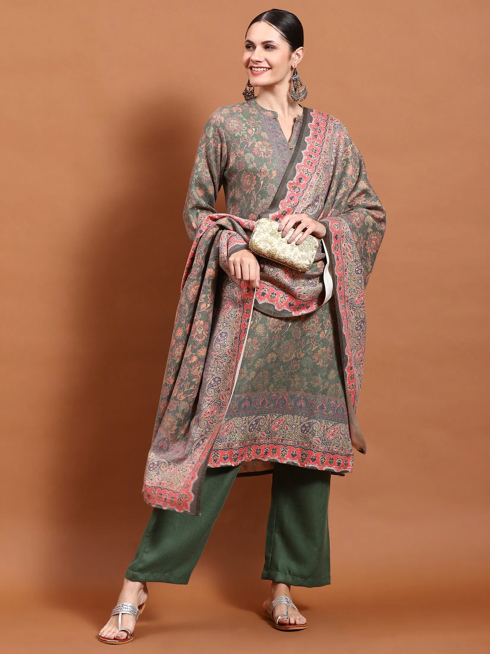 Winter Women Green Floral Print Kurta Comfort Pant Dupatta