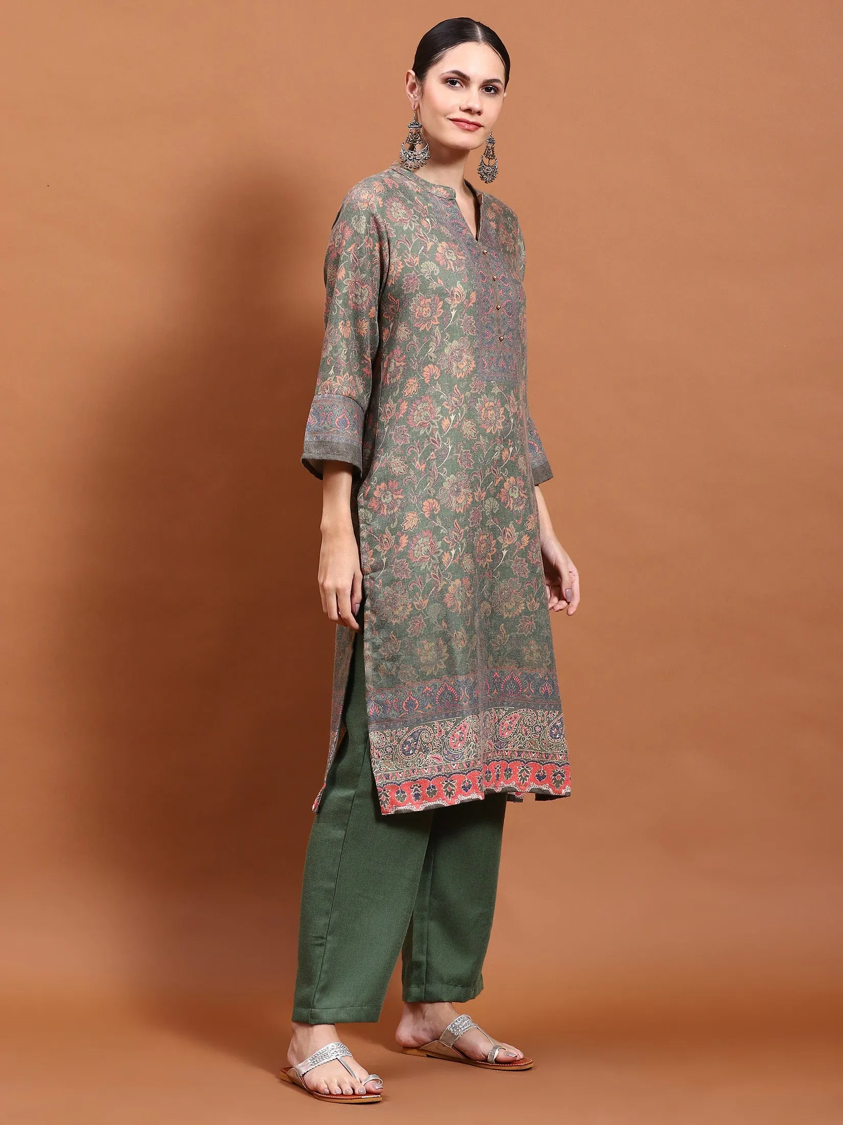 Winter Women Green Floral Print Kurta Comfort Pant Dupatta