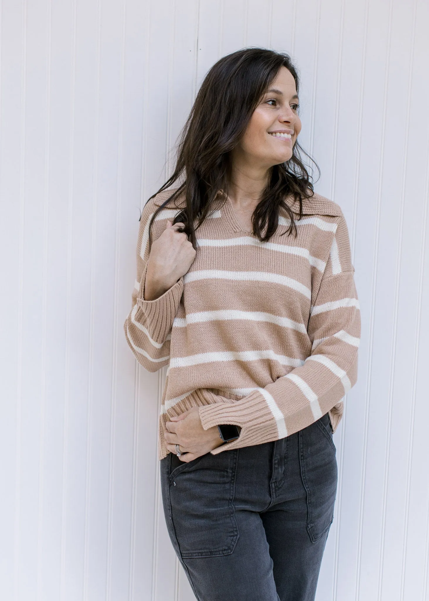 X Camel Striped Collared Sweater