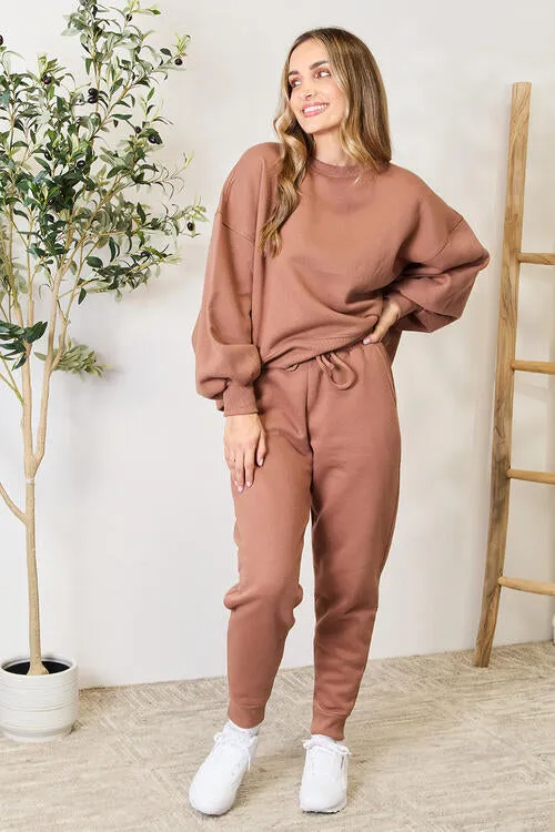 Zenana Lantern Sleeve Sweatshirt and Drawstring Sweatpants Set